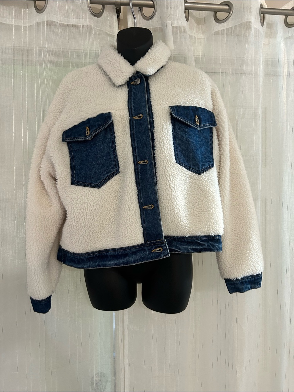 Wild Rose Cream Sherpa Jacket with Blue Denim Trim